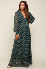 Forest Green Leaf Print Balloon Sleeve Maternity Maxi Dress