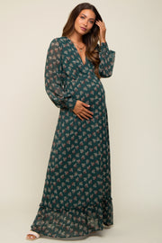 Forest Green Leaf Print Balloon Sleeve Maternity Maxi Dress