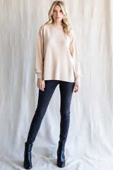 Beige Knit Mock Neck Long Sleeve Top