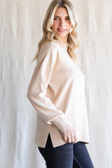 Beige Knit Mock Neck Long Sleeve Top