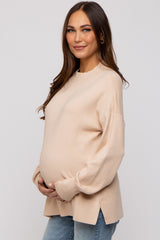 Beige Knit Mock Neck Maternity Long Sleeve Top