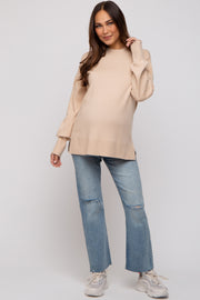 Beige Knit Mock Neck Maternity Long Sleeve Top