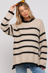 Beige Striped Knit Lightweight Maternity Sweater