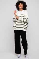 Olive Striped Drop Shoulder Sweater