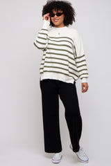 Olive Striped Drop Shoulder Sweater