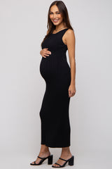 Black Sleeveless Ribbed Maternity Maxi Dress