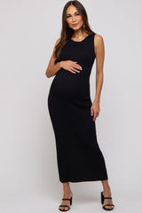 Black Sleeveless Ribbed Maternity Maxi Dress