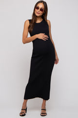 Black Sleeveless Ribbed Maternity Maxi Dress