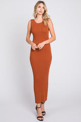 Rust Sleeveless Ribbed Maxi Dress