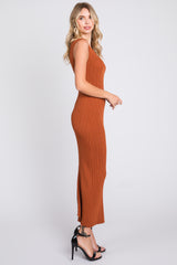 Rust Sleeveless Ribbed Maxi Dress