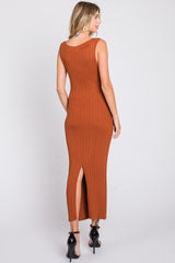 Rust Sleeveless Ribbed Maxi Dress