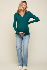 Teal Ribbed Collared Long Sleeve Maternity Top