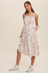 Orange Floral Print Square Neck A-Line Skirt Midi Dress