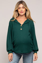 Forest Green Button Accent Hooded Maternity Henley Top