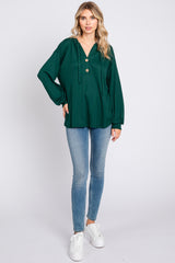 Forest Green Button Accent Hooded Henley Top