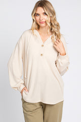 Beige Button Accent Hooded Maternity Henley Top