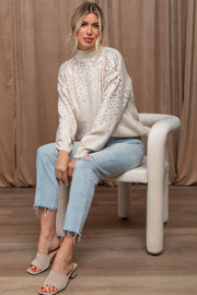 Beige Knit Sequin Mock Neck Sweater