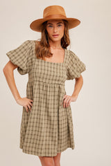 Light Olive Plaid Square Neck Short Puff Sleeve Dress