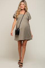 Light Olive Plaid Square Neck Short Puff Sleeve Maternity Dress