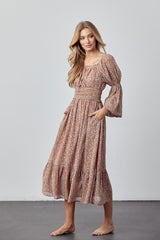 Mocha Ditsy Floral Midi Dress