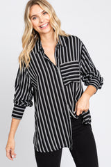 Black Striped Front Pocket Button Down Side Slit Maternity Top