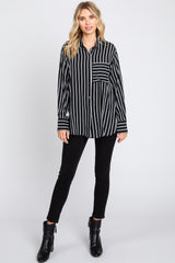 Black Striped Front Pocket Button Down Side Slit Top