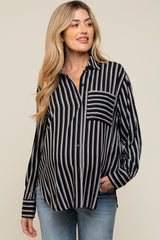 Black Striped Front Pocket Button Down Side Slit Maternity Top