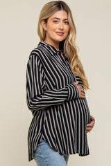 Black Striped Front Pocket Button Down Side Slit Maternity Top