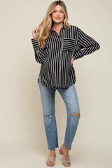 Black Striped Front Pocket Button Down Side Slit Maternity Top