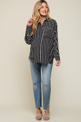 Black Striped Front Pocket Button Down Side Slit Maternity Top