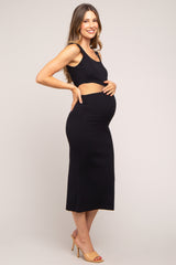 Black Sleeveless Side Cutout Maternity Midi Dress