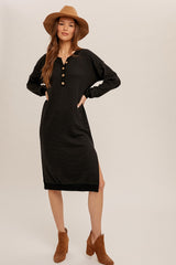 Black Waffle Knit Long Sleeve Maternity Midi Dress