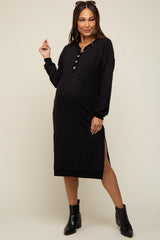 Black Waffle Knit Long Sleeve Maternity Midi Dress