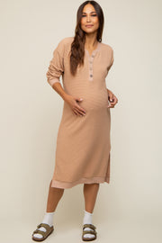 Taupe Waffle Knit Long Sleeve Maternity Midi Dress