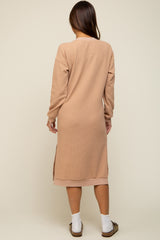 Taupe Waffle Knit Long Sleeve Maternity Midi Dress