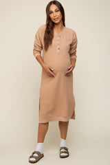 Taupe Waffle Knit Long Sleeve Maternity Midi Dress