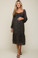 Black Floral Pleated Maternity Midi Dres