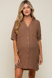 Mocha Maternity Mini Shirt Dress