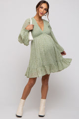 Sage Floral Smocked Long Sleeve Maternity Dress