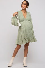 Sage Floral Smocked Long Sleeve Maternity Dress