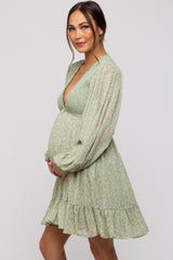 Sage Floral Smocked Long Sleeve Maternity Dress