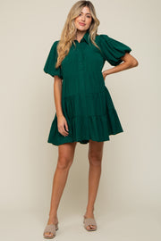 Forest Green Puff Sleeve Maternity Mini Shirt Dress