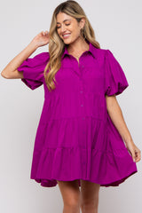 Magenta Puff Sleeve Maternity Mini Shirt Dress