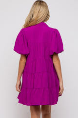 Magenta Puff Sleeve Maternity Mini Shirt Dress