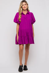 Magenta Puff Sleeve Maternity Mini Shirt Dress