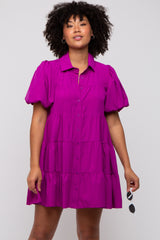 Magenta Puff Sleeve Maternity Mini Shirt Dress