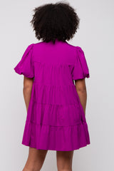 Magenta Puff Sleeve Mini Shirt Dress