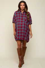 Burgundy Plaid Oversized Maternity Mini Dress