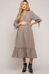 Taupe Gingham Front Button Sleeve Tie Maternity Midi Dress