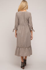 Taupe Gingham Front Button Sleeve Tie Maternity Midi Dress